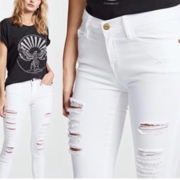 Frame Jeans Womens Le High Skinny Stretch Distressed USA Made White 27 - Picture 3 of 13